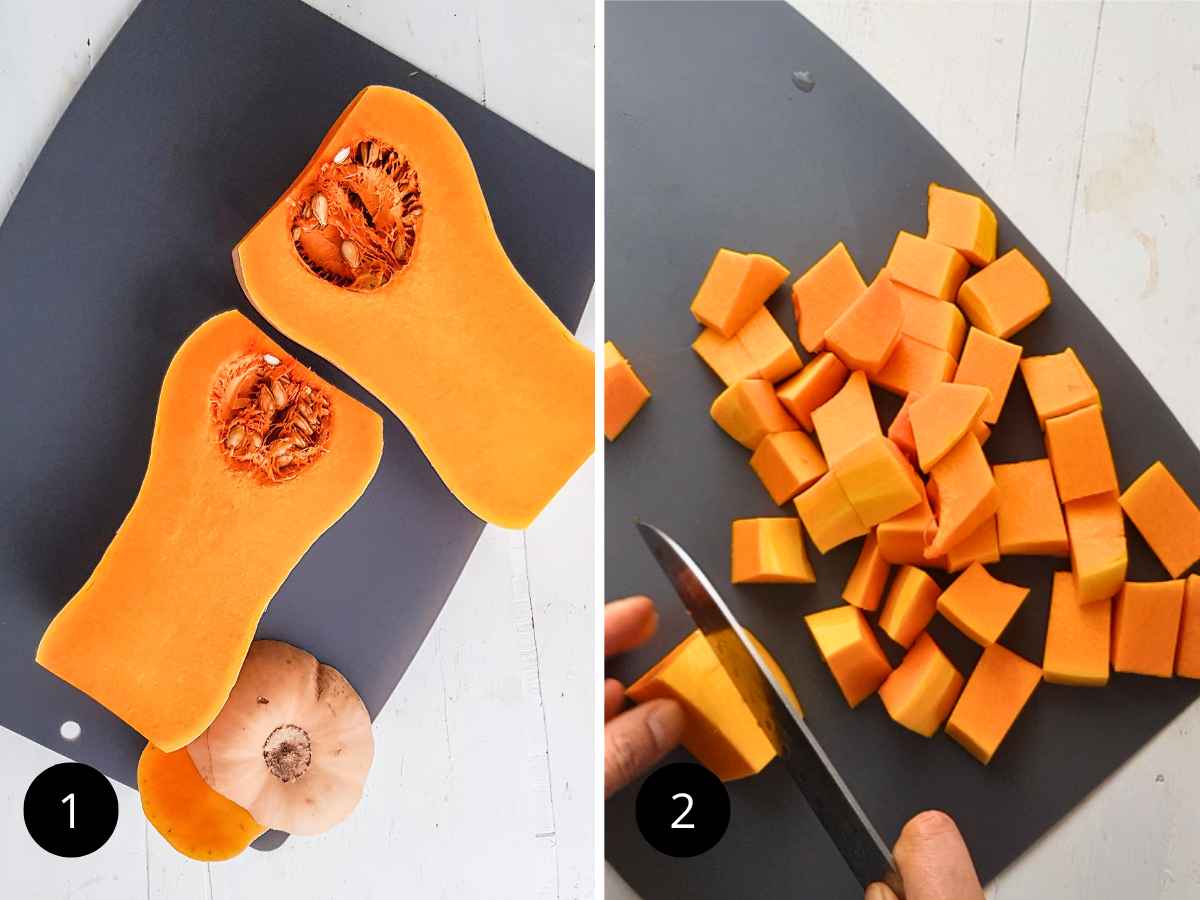 Photo collage of preparing the Butternut Squash to roast for salad.