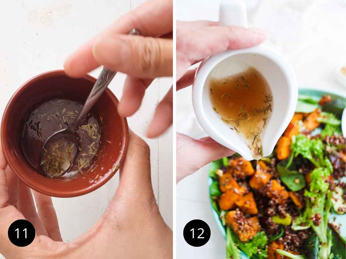 collage image of making the salad dressing and pouring over the salad.