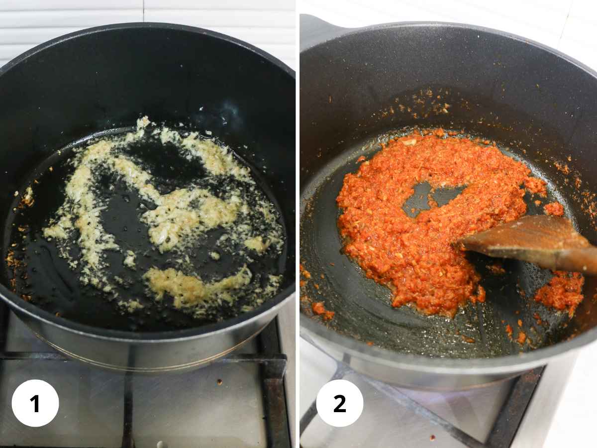 Frying garlic and tomatoes.