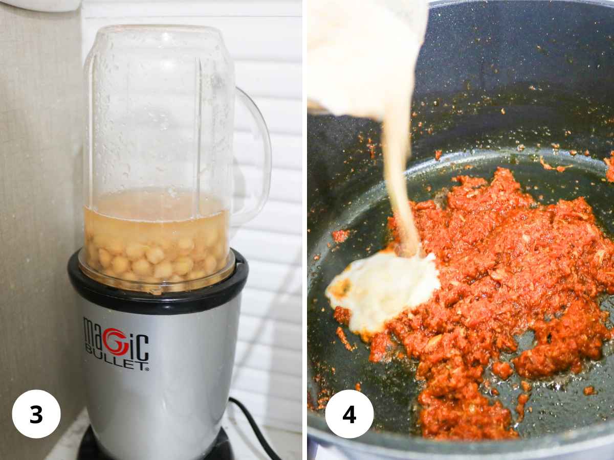 Blending chickpeas and frying curry.
