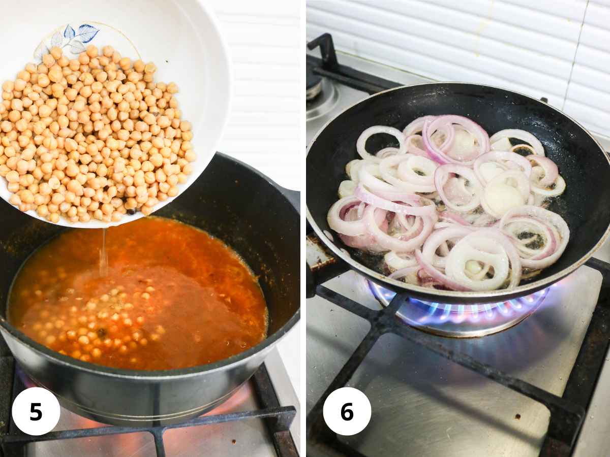 Adding chickpeas and frying onions.