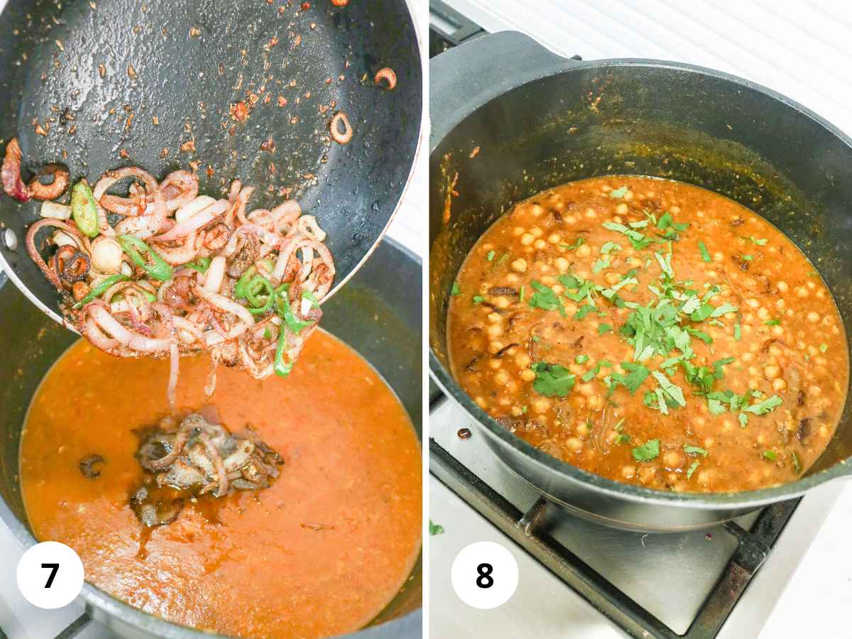 Making tarka and garnishing with cilantro.