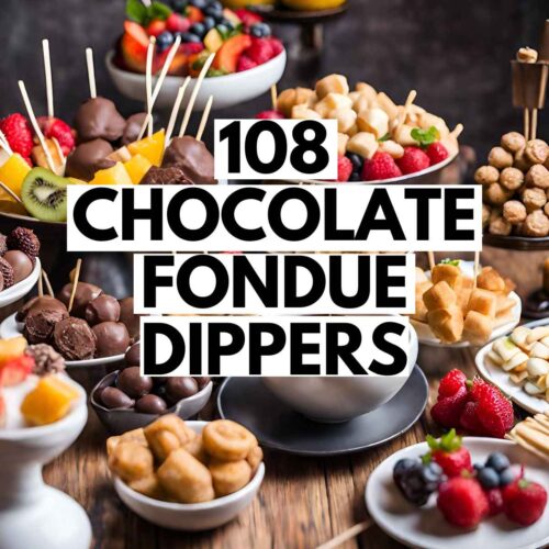 Assorted chocolate fondue dippers served in separate bowls image with overlaying text.
