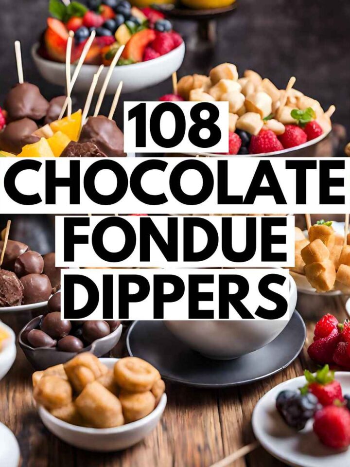 Assorted chocolate fondue dippers served in separate bowls image with overlaying text.