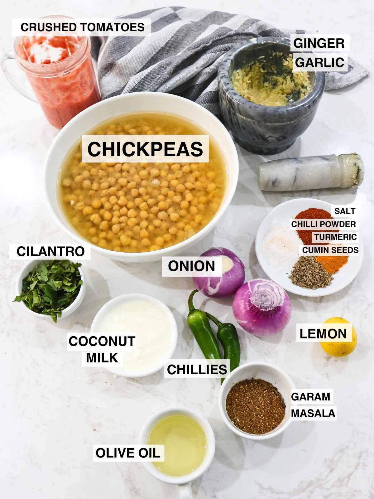Ingredients to make creamy chickpea curry.