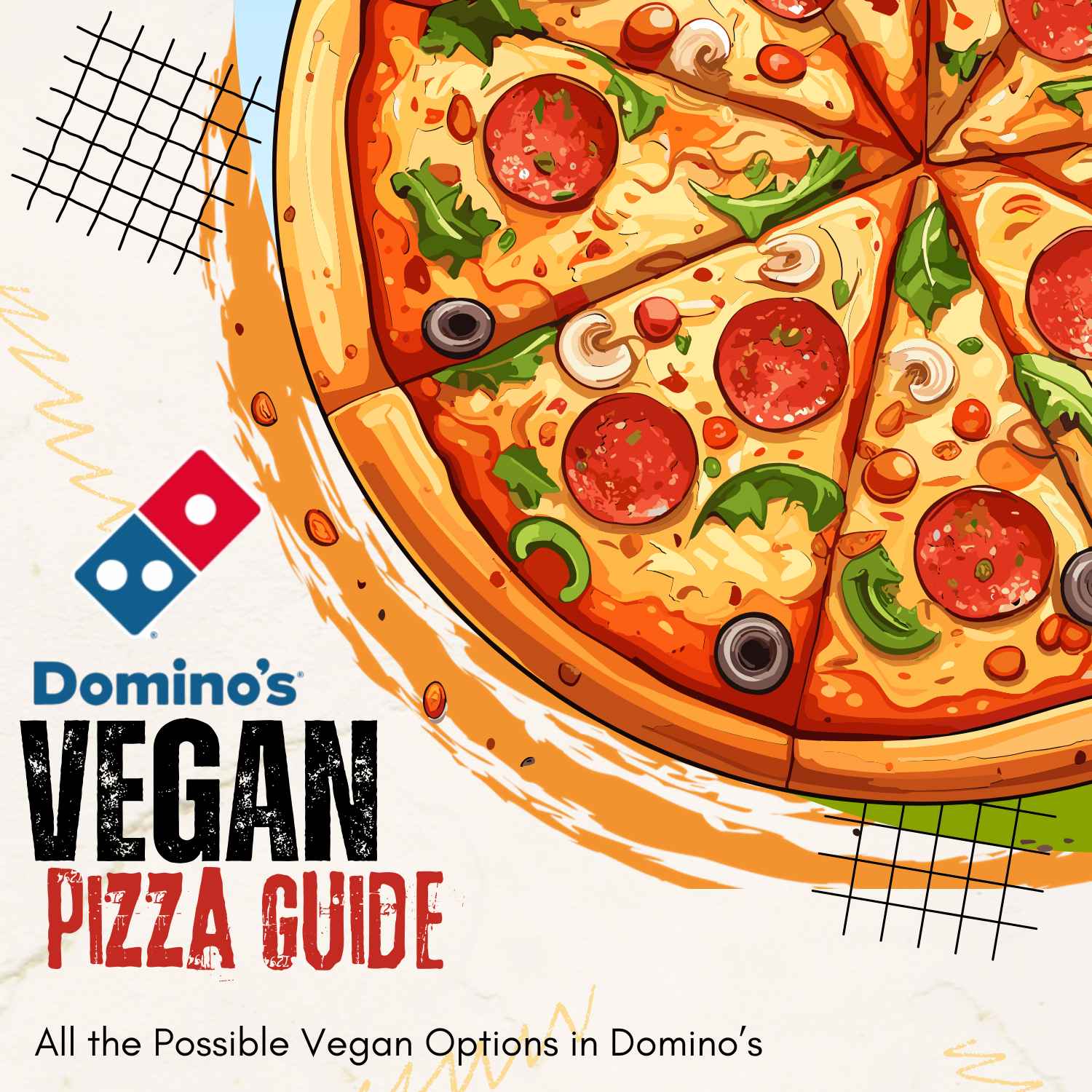 Vegan Pizza illustration and Domino's logo with text