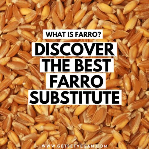 Farro grains in background with text overlay