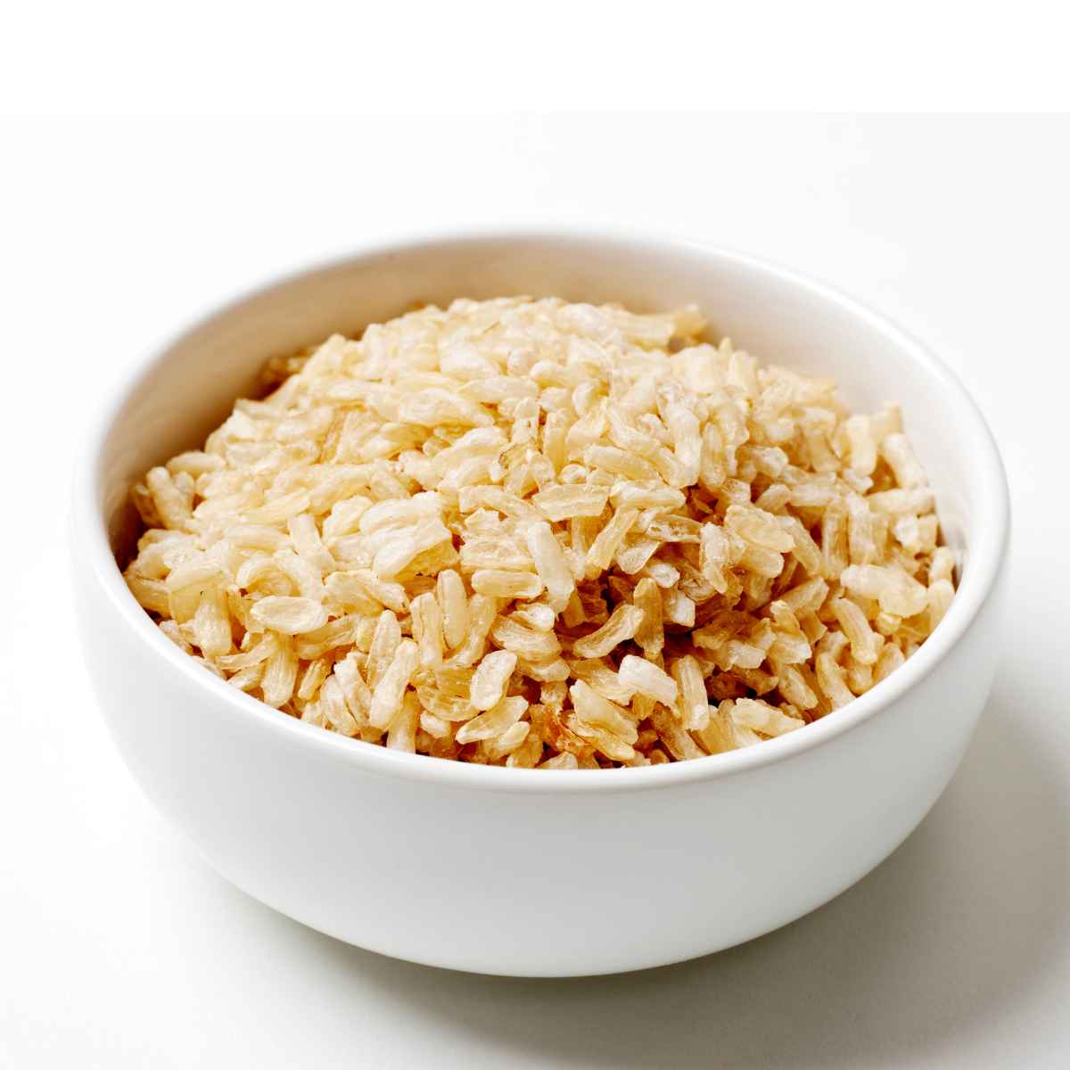 Brown rice in a white bowl.