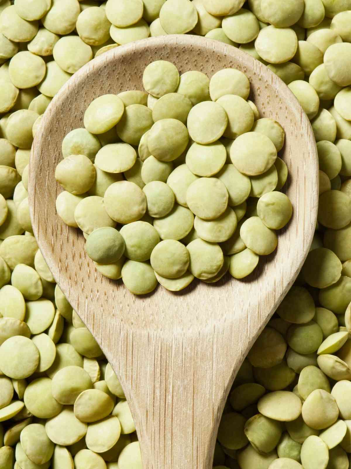 Green Lentils placed on wooden spoon.