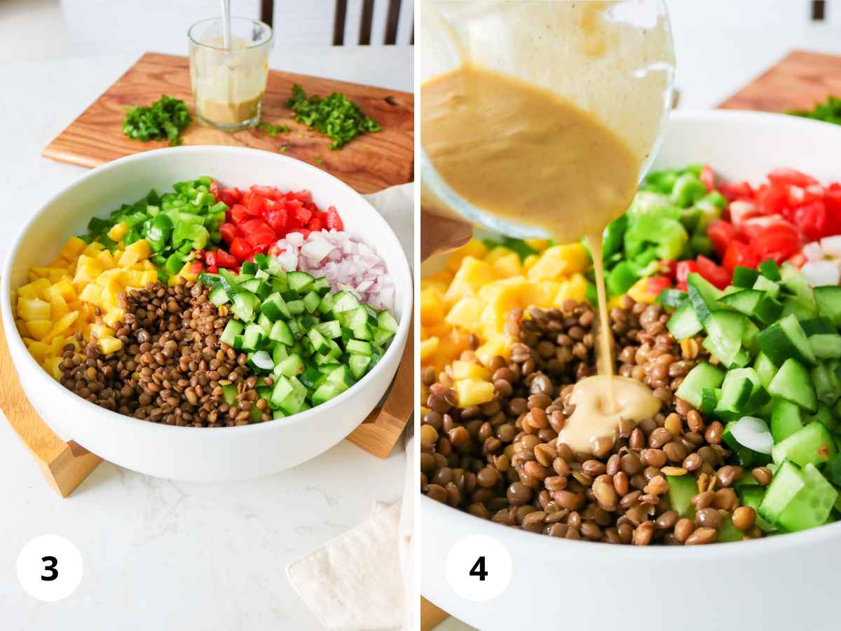 Images showing combining the salad ingredients and adding the tahini salad dressing.