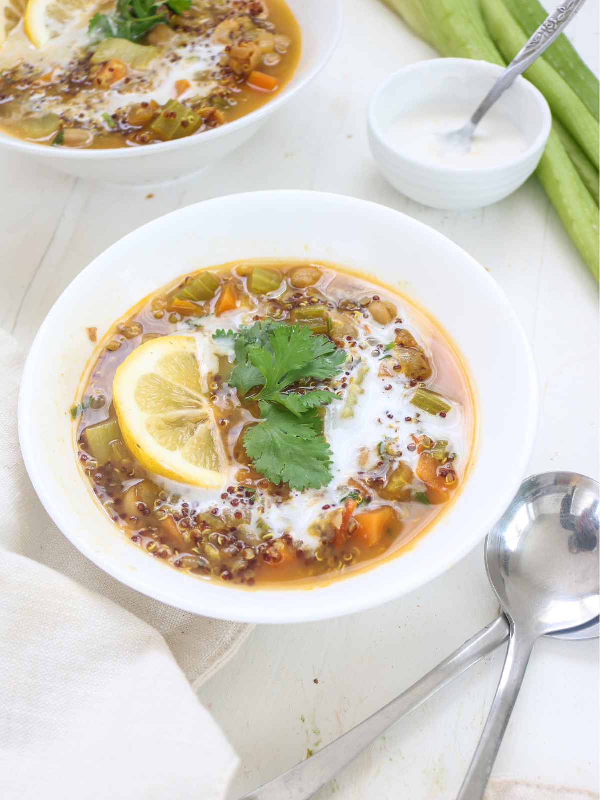 Stew served in a bowl placed on white background.