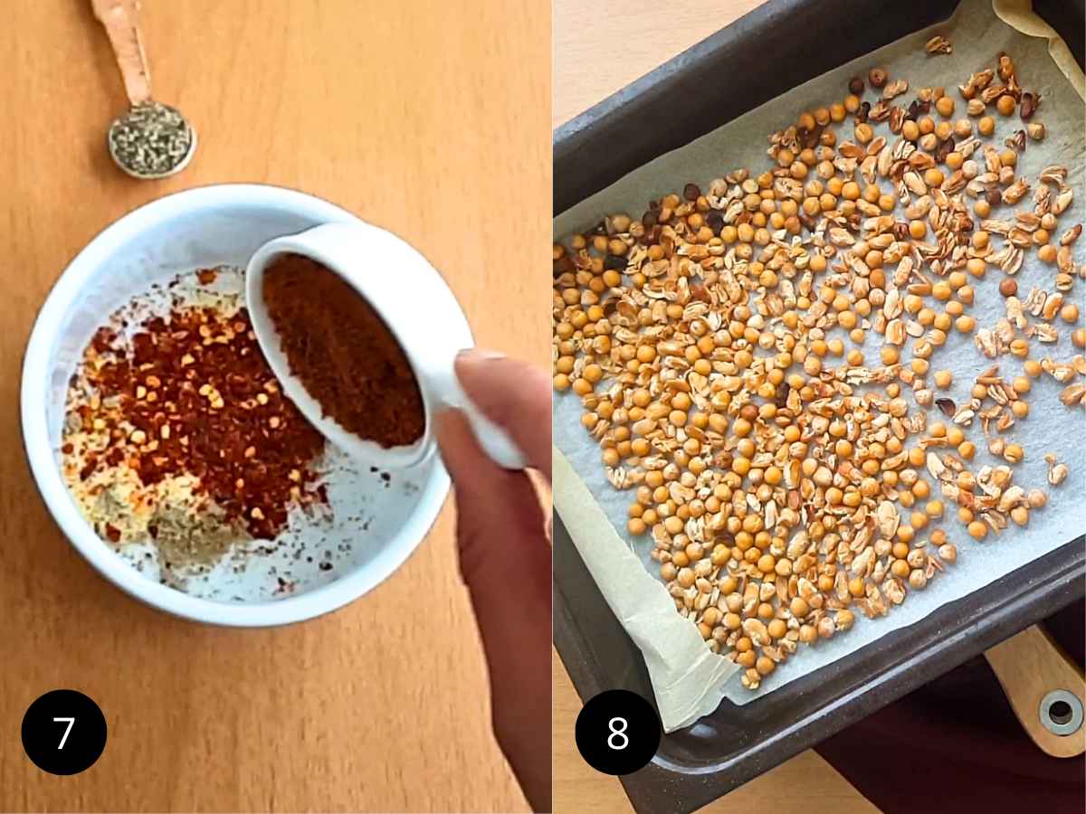 Preparing the seasoning mix and roasted beans on side.