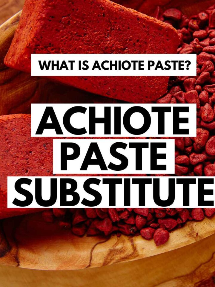 Achiote paste block with annatto seeds on the background. Overlaying text on top.