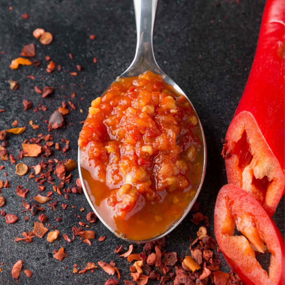 Spoon filled with harissa paste.