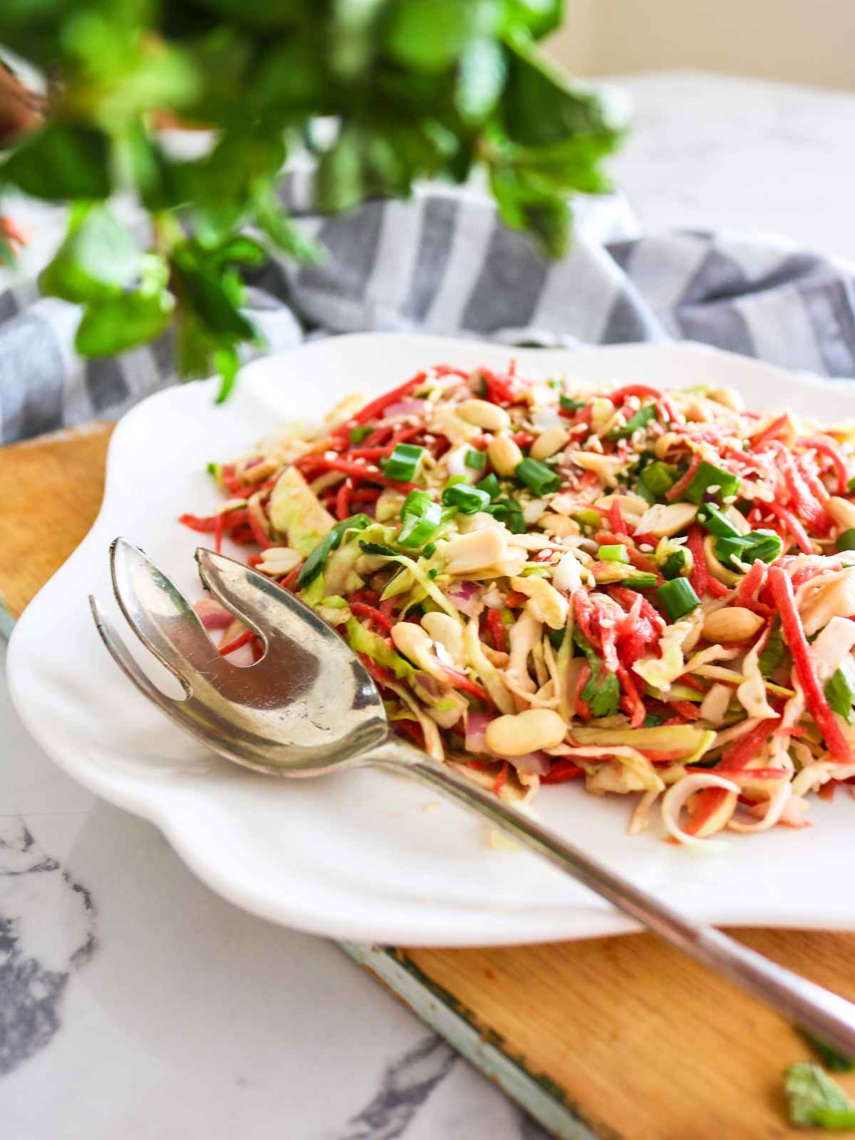 Carrot and cabbage salad served on a white dish topped with peanuts and green onions.