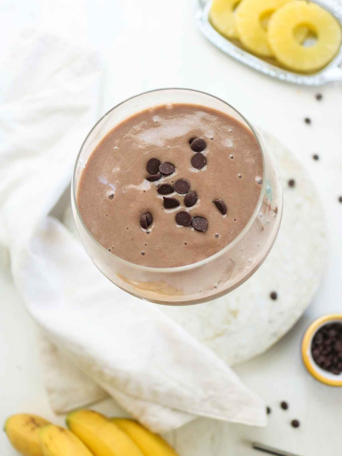 chocolate pineapple smoothie topped with chocolate chips