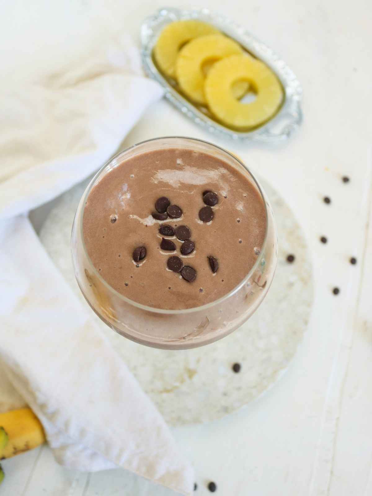 chocolate pineapple smoothie topped with chocolate chips