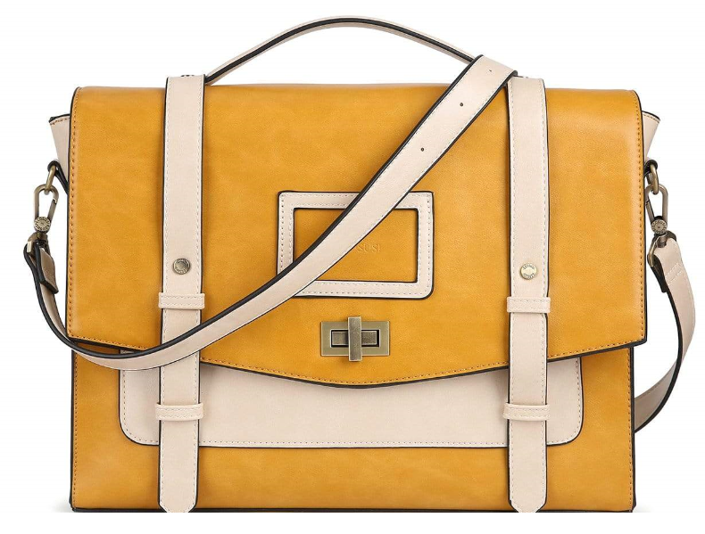 yellow bag with off-white color straps.