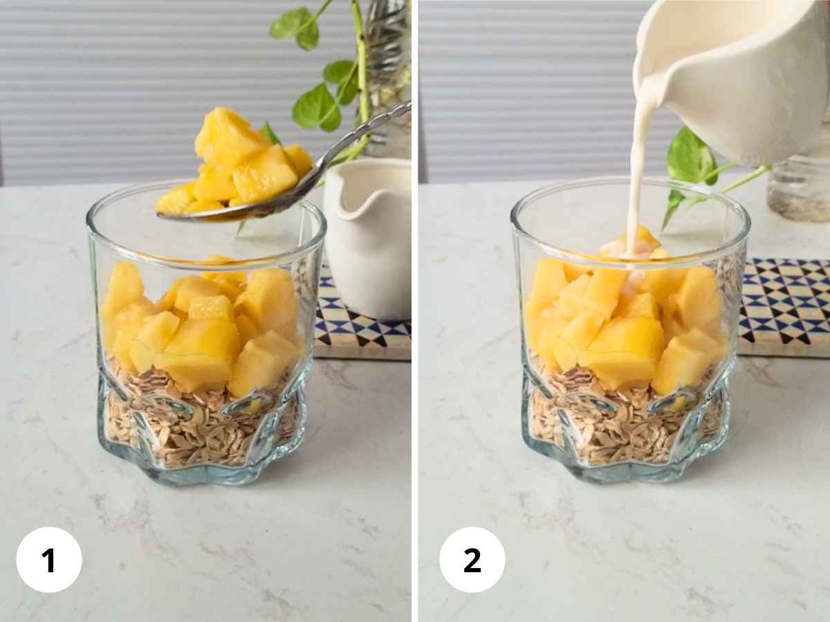 Process images of how to make overnight oats.