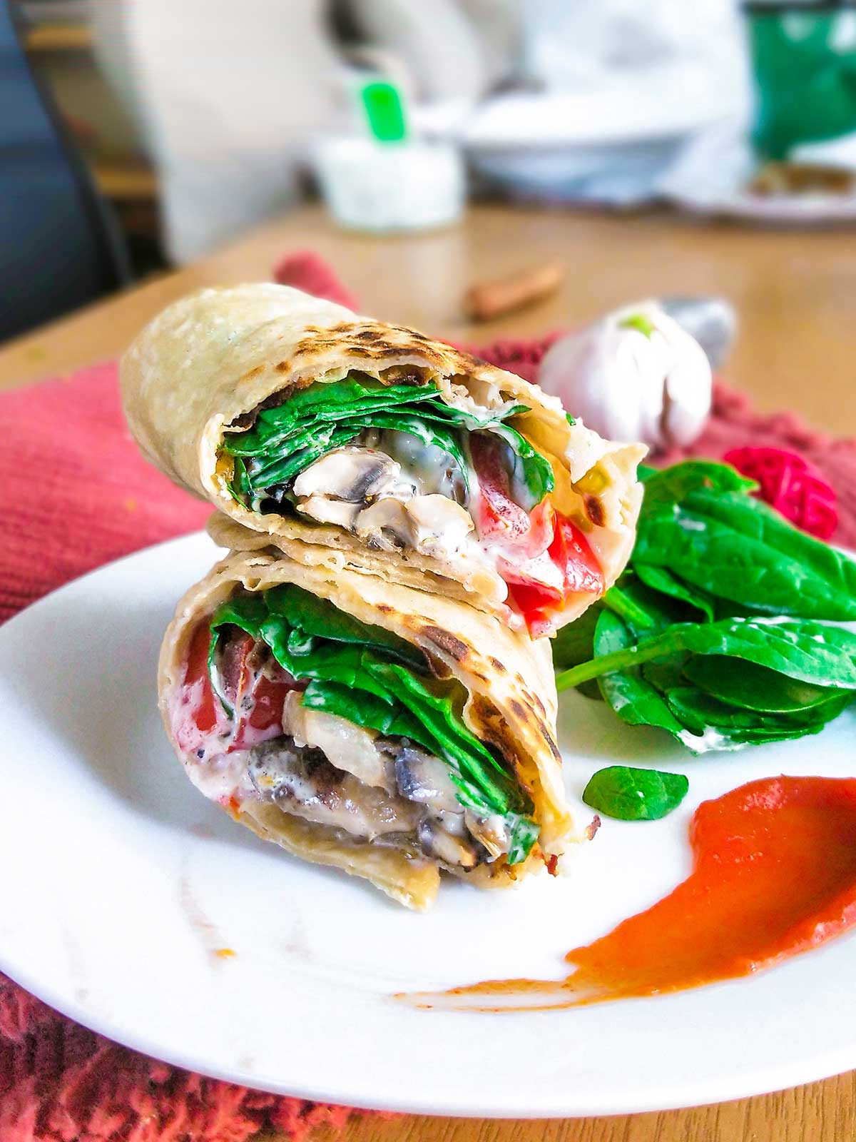 Mushroom wrap cut in half placed on one on another