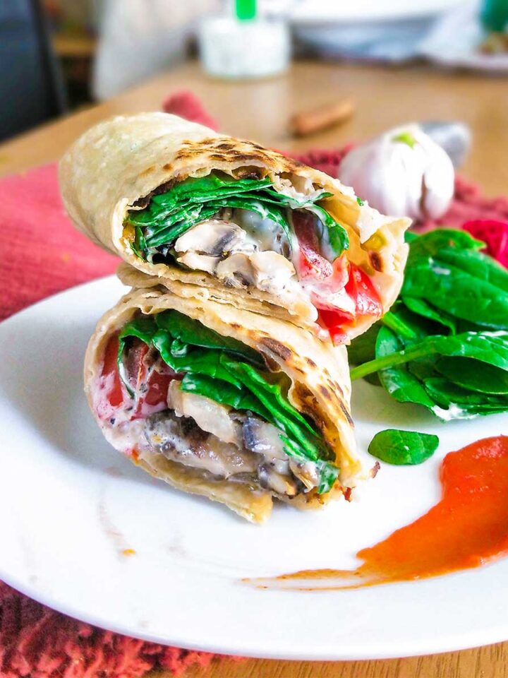 Mushroom wrap sliced in half