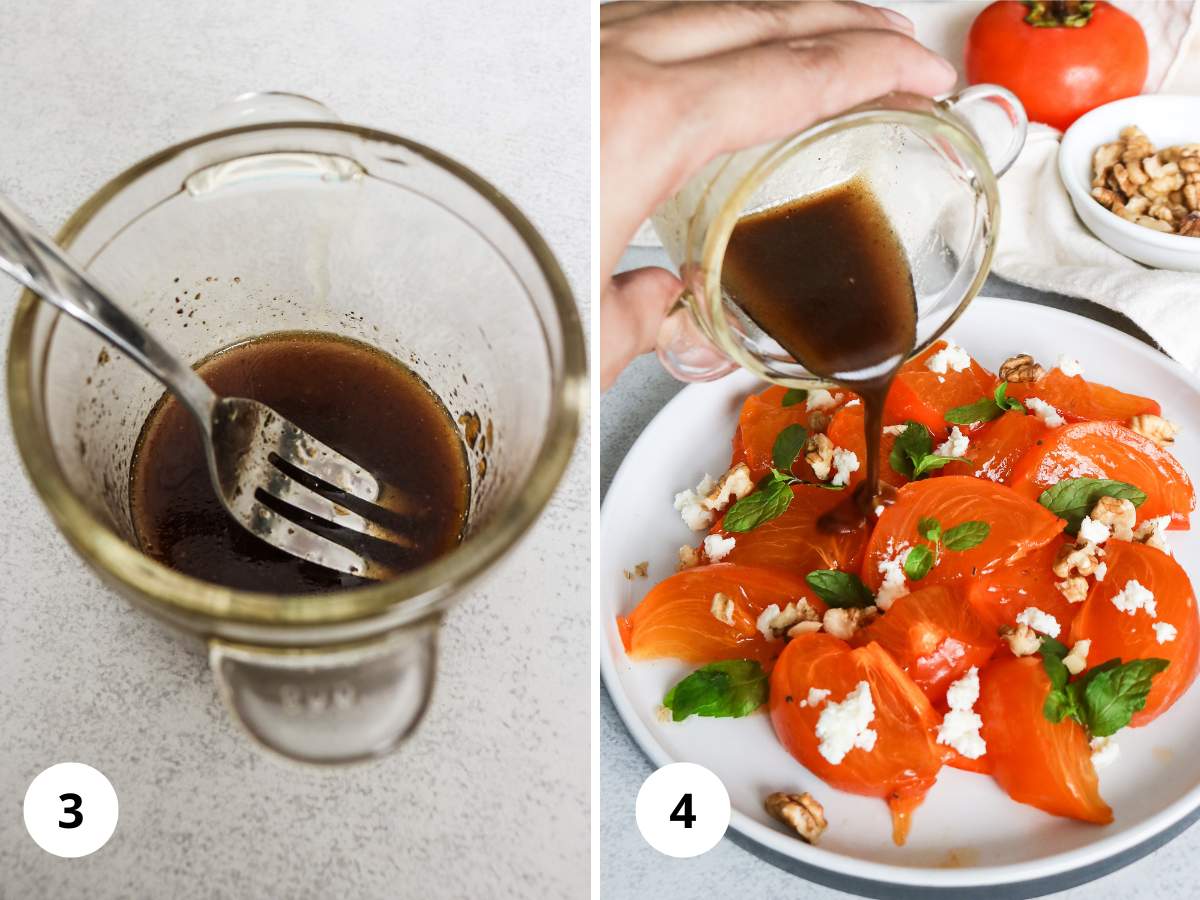 Step by step images of making the salad dressing and adding to the salad.