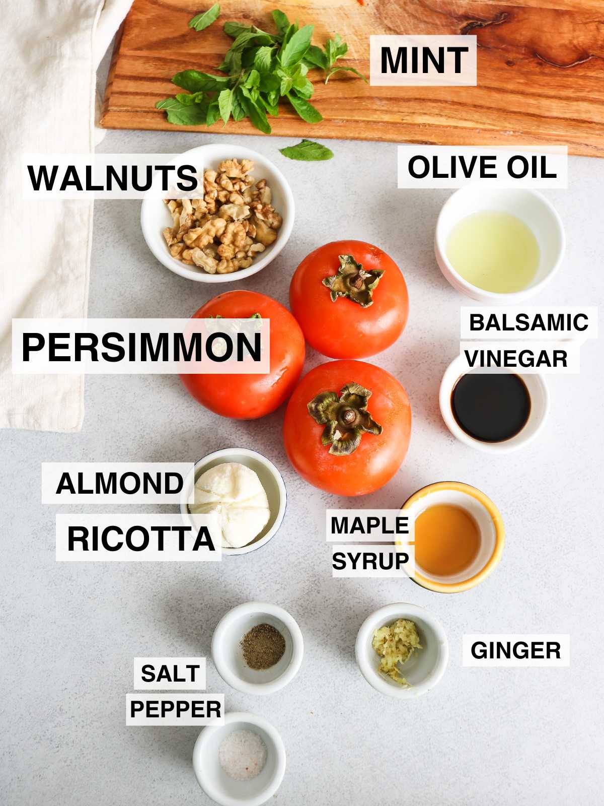 Tagged ingredients to make persimmon salad.