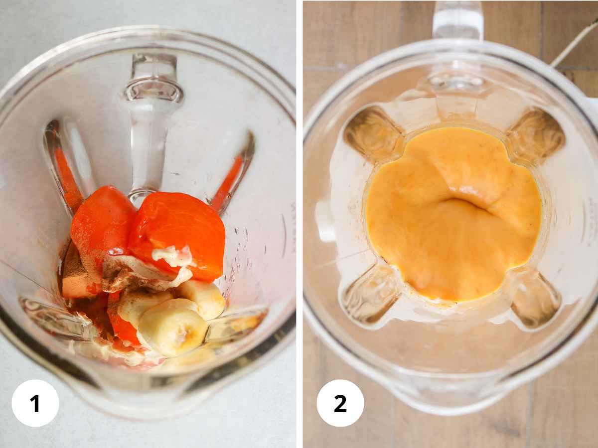 Images showing smoothie making process in blender.