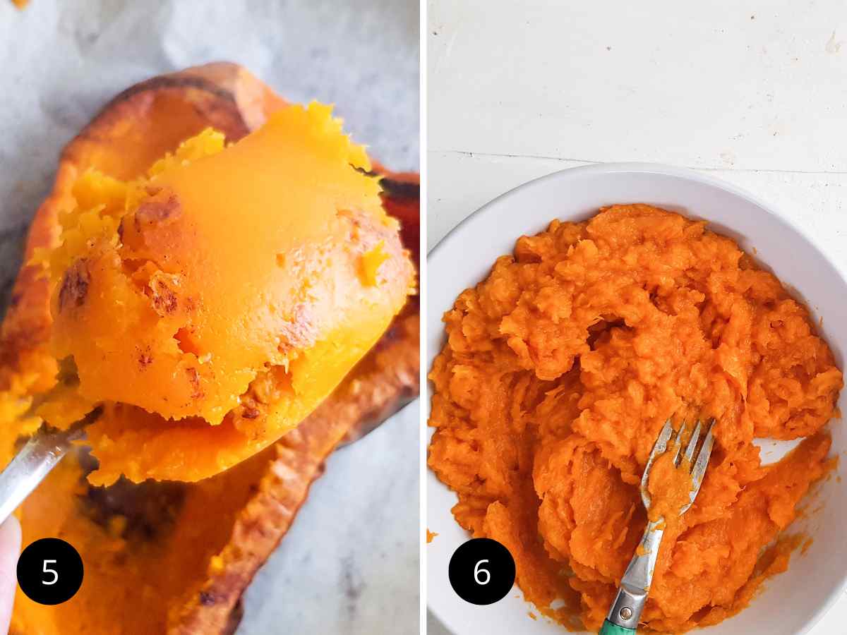 Scooping out and mashing the butternut squash flesh.