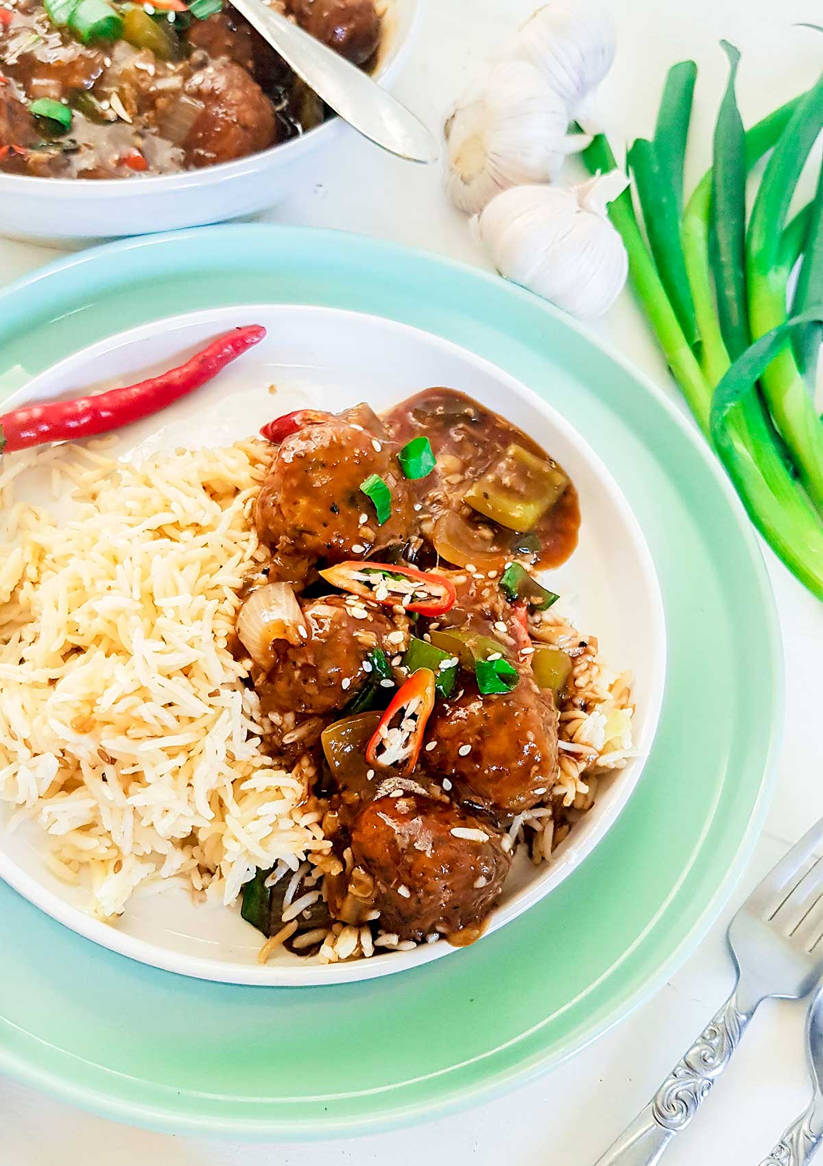 Veg Manchurian served with white rice