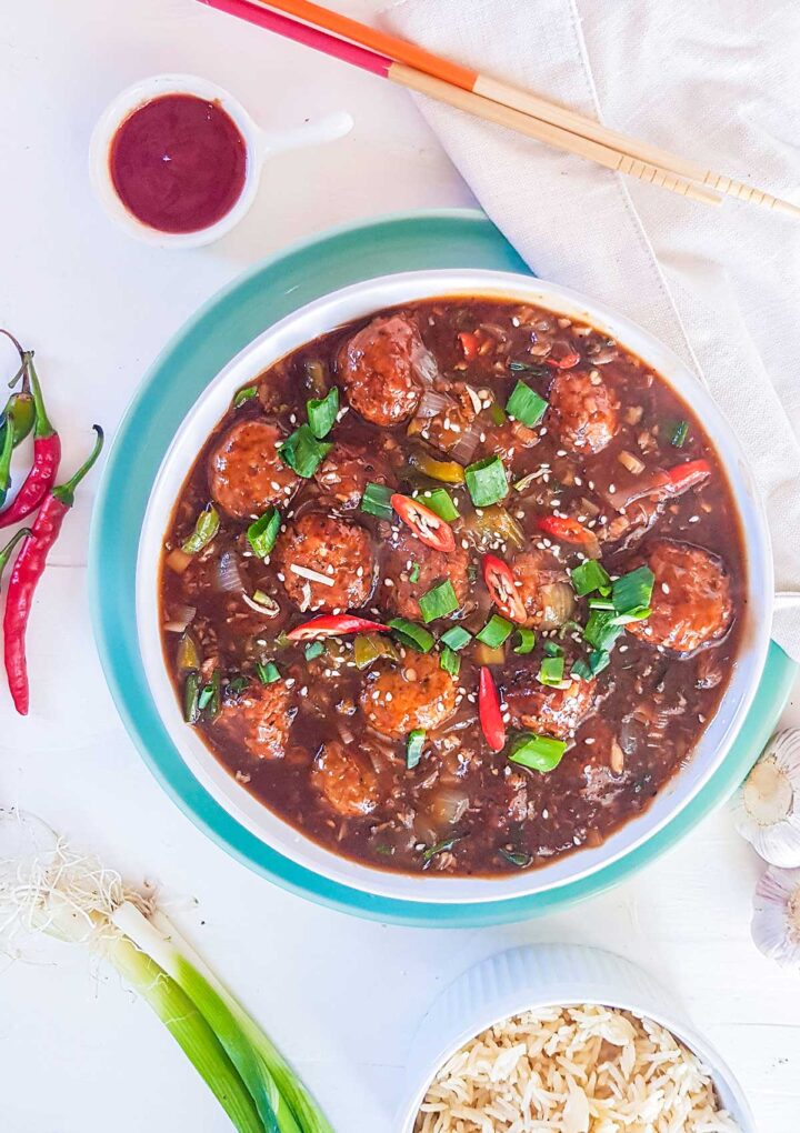 Manchurian served in a white bowl