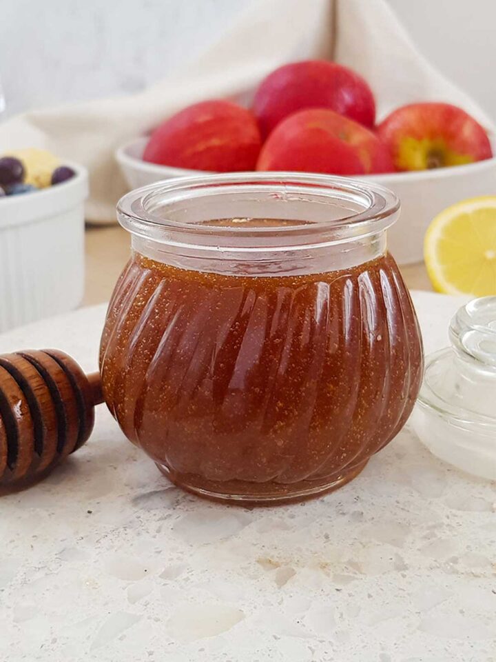 vegan honey stored in an airtight glass jar