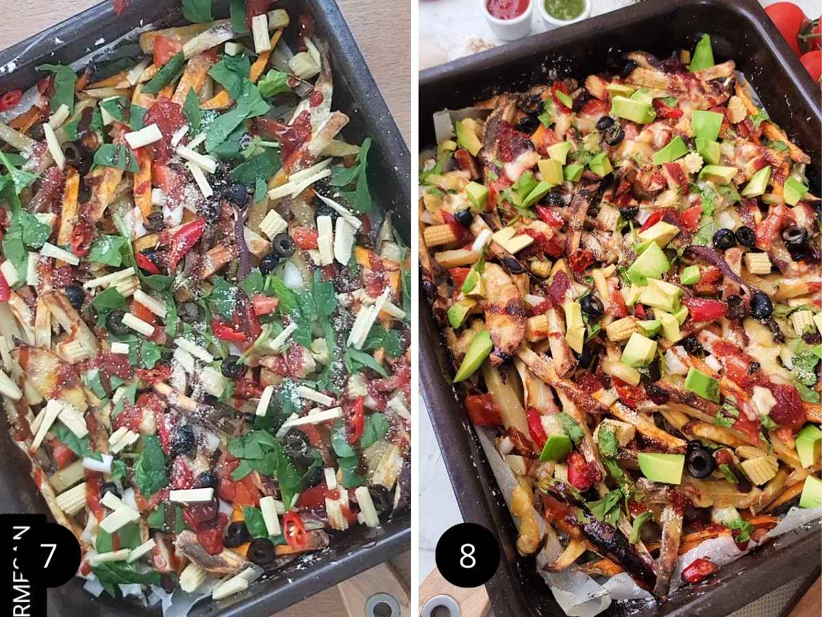 Sprinkling some vegan parmesan and vegan cheese over loaded fries and final image of loaded fries after baking.