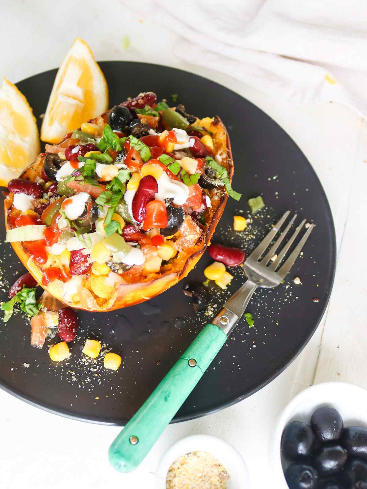 Closeup shot of loaded spaghetti squash.